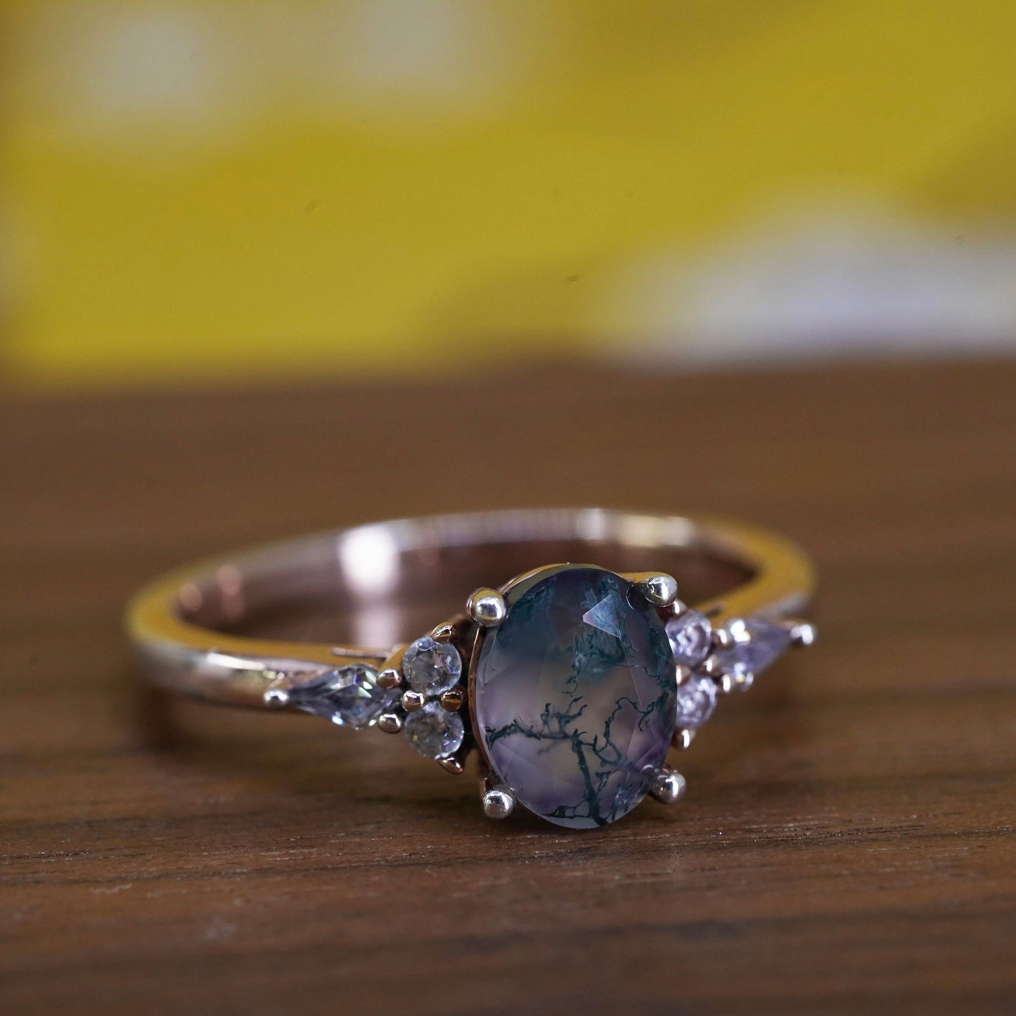 Size 8.25, vermeil rose gold Sterling 925 silver handmade ring with moss agate