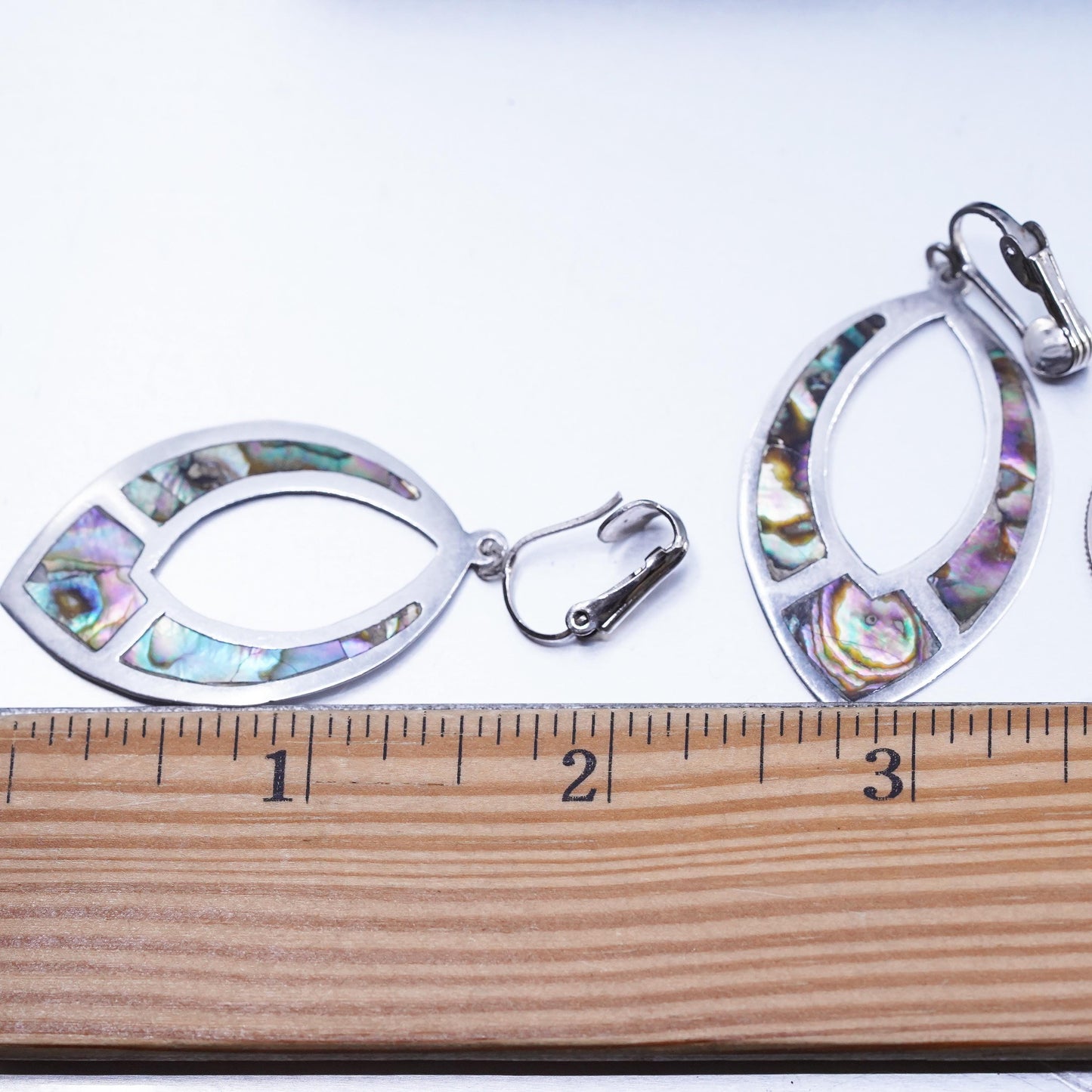 Vintage Mexican Sterling 925 silver earrings, leaf dangles clip on with abalone