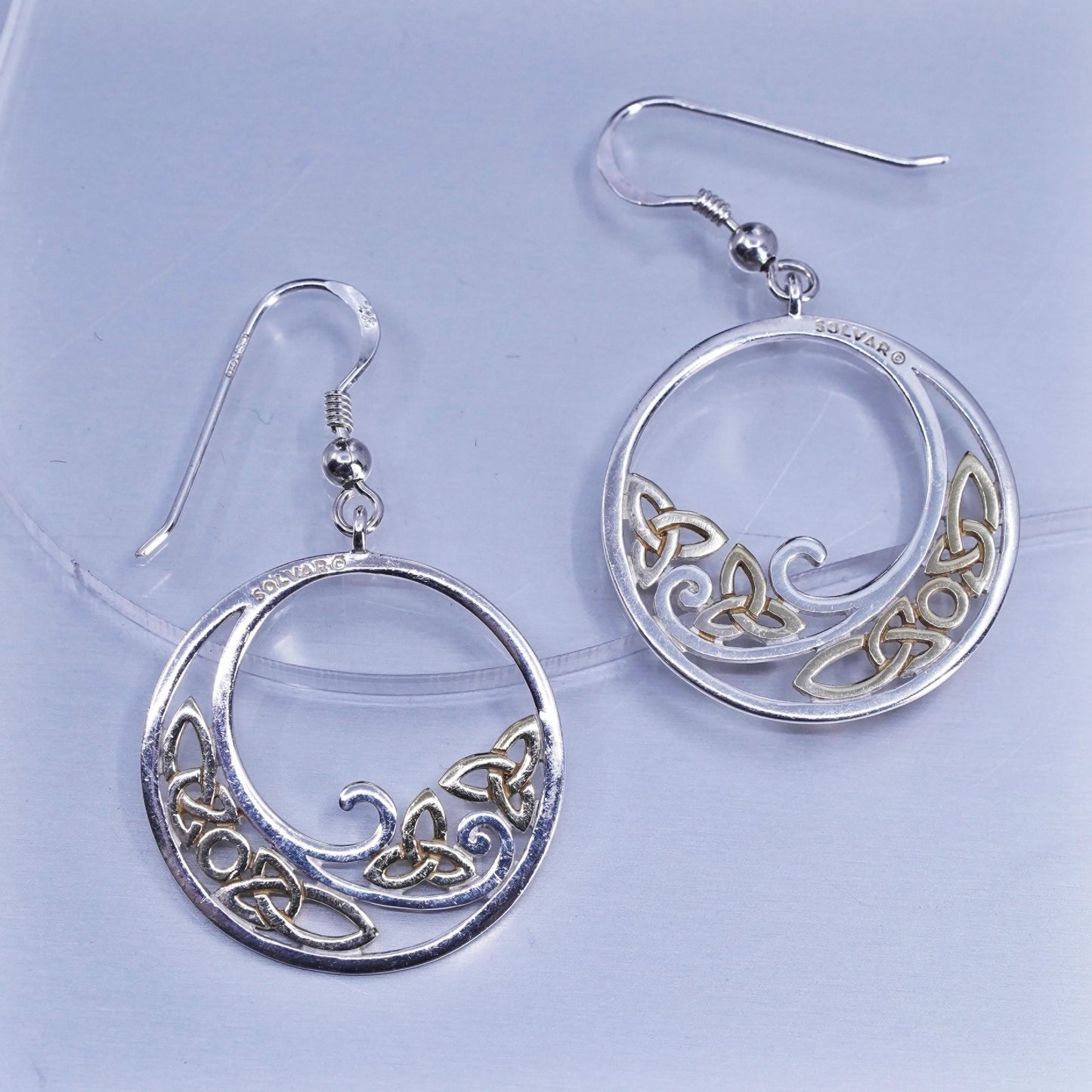 Irish Solvar two tone Sterling 925 silver filigree Celtic knot circle earrings