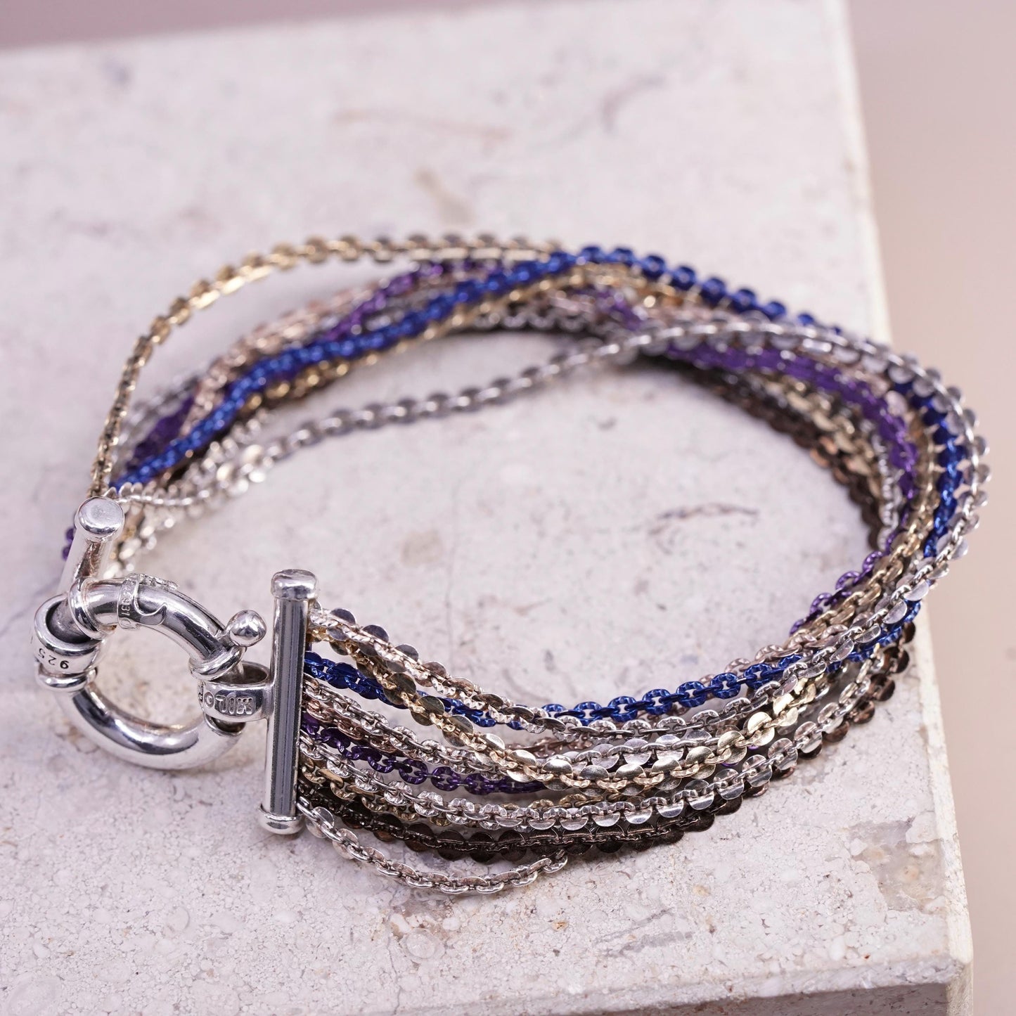 7", vintage Italian Sterling silver bracelet, 925 multi 10 strands curb chain