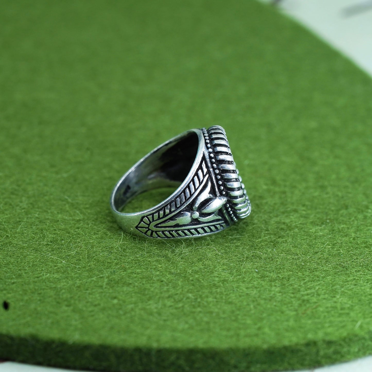 Size 8.25, sterling silver ring, Mexico 925 statement ring with round obsidian