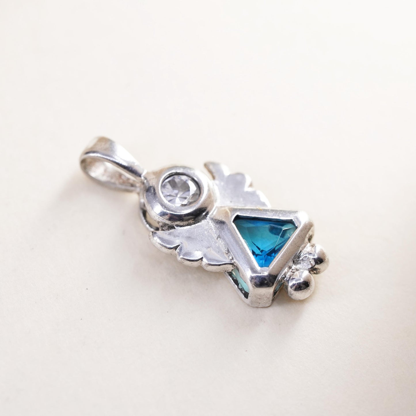 Sterling silver angel charm, 925 pendant with blue crystal inlay