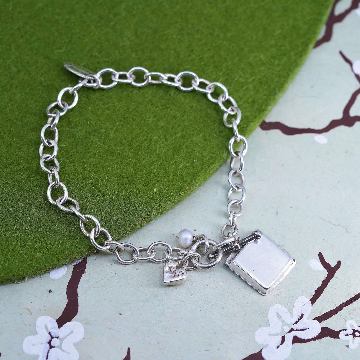 6.75”, Vintage sterling silver circle chain, 925 bracelet square photo charms