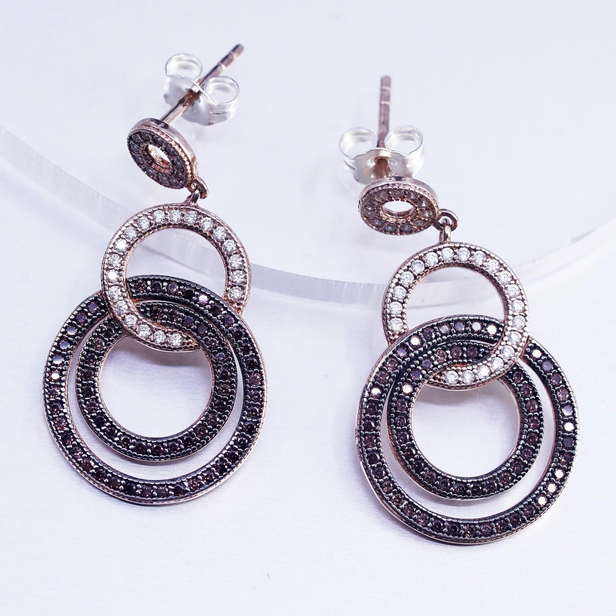 Vermeil Sterling Silver 925 Studs Earrings, Rose Gold CZ Halo, Entwined Dangles