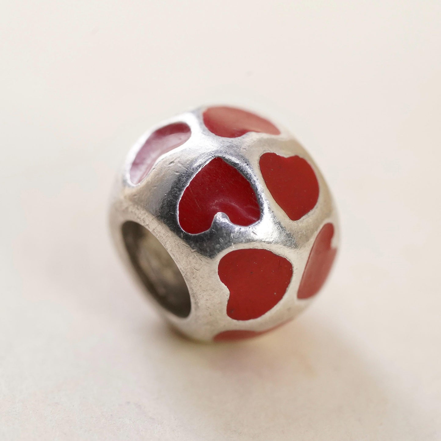 Vintage Sterling silver handmade pendant, 925 red enamel heart bead charm