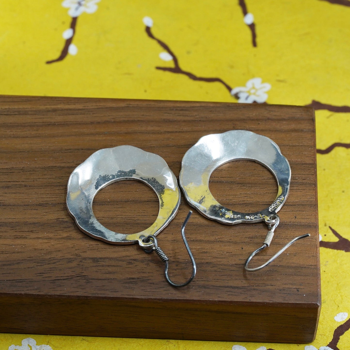 Sterling silver handmade earrings, Mexico 925 silver circle turquoise Inlay