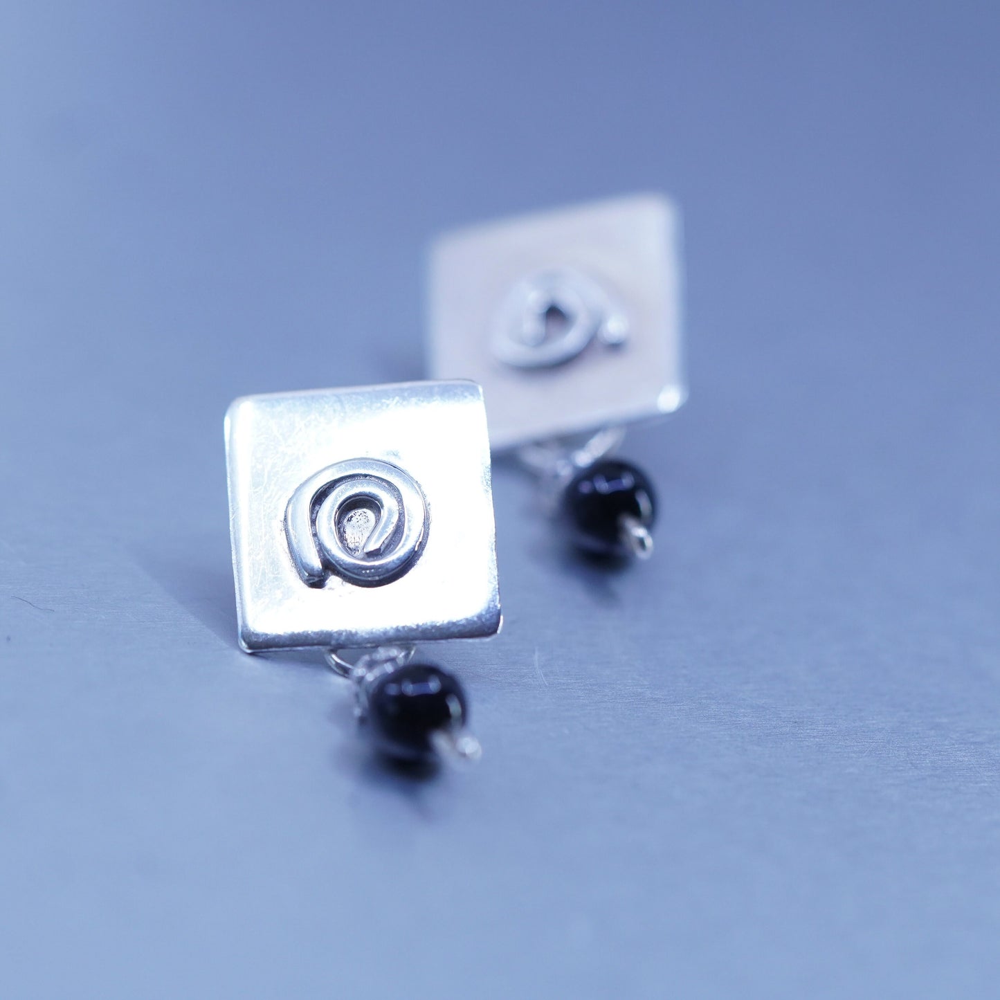 Native American Henry Davis sterling 925 silver square earrings black onyx bead