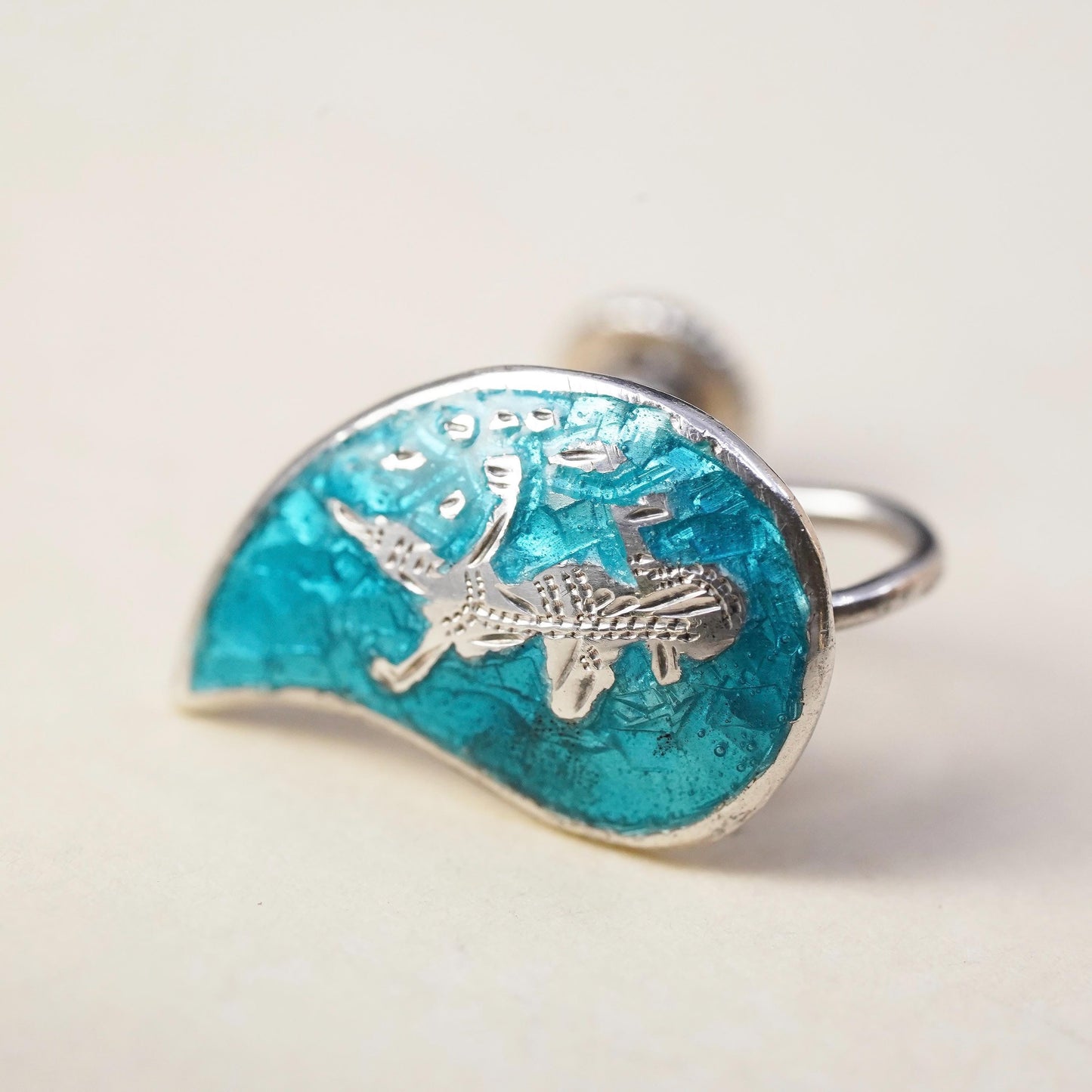 Sterling silver single earring, 925 teardrop screw back Indian blue enamel
