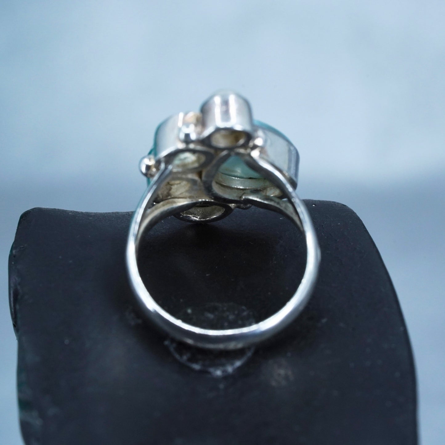 Size 8.75, vintage Sterling 925 silver ring with Larimar, moonstone and pearl