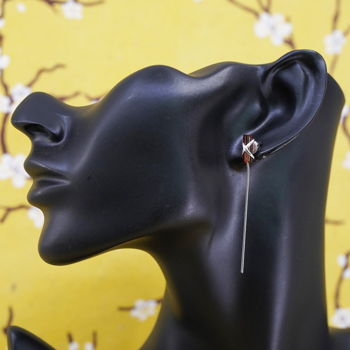 Vintage Sterling 925 silver handmade earrings with Amber and snake chain