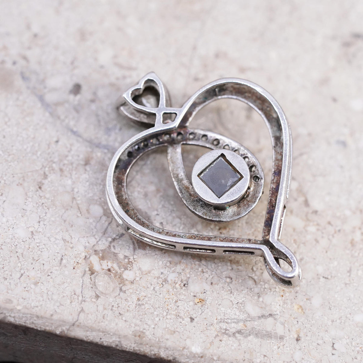Vintage Sterling silver handmade pendant, 925 heart with blue cz I love you