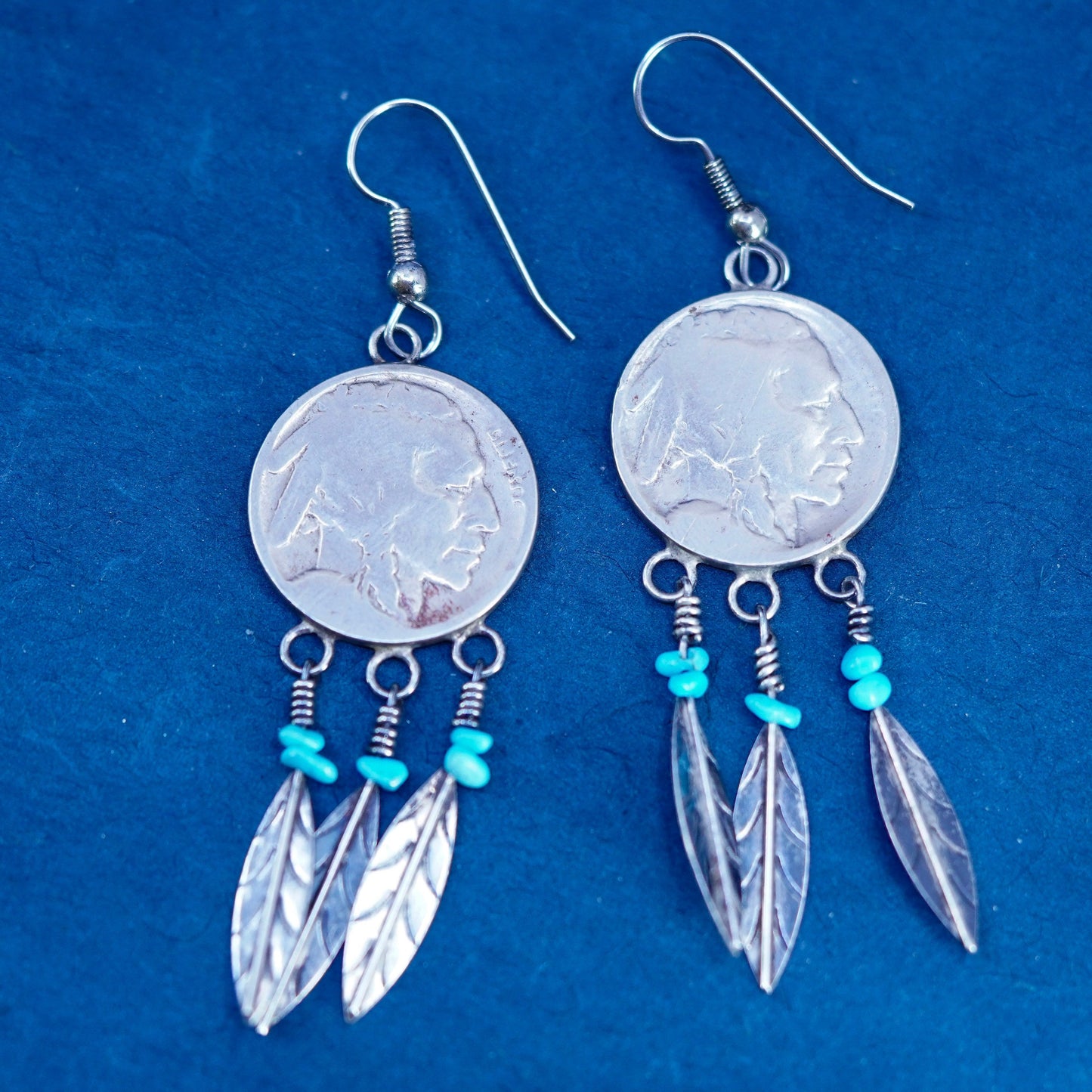 Native American silver tone handmade earrings with Buffalo nickel and feather