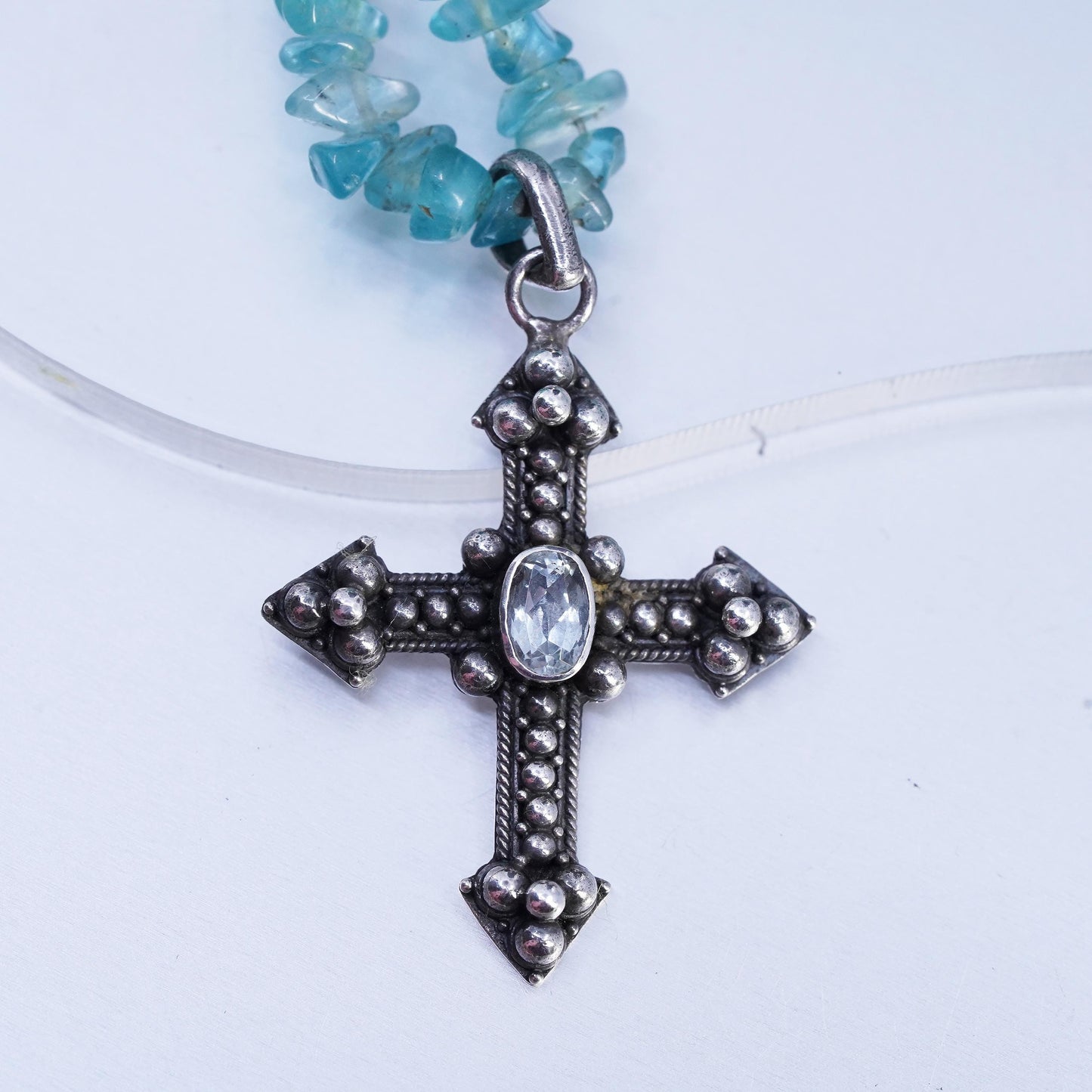 16", Sterling 925 silver necklace with nugget apatite beads and cross pendant