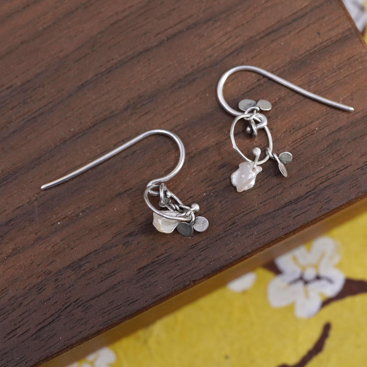 Vintage Sterling silver handmade earrings, 925 circle with pearl disc dangles