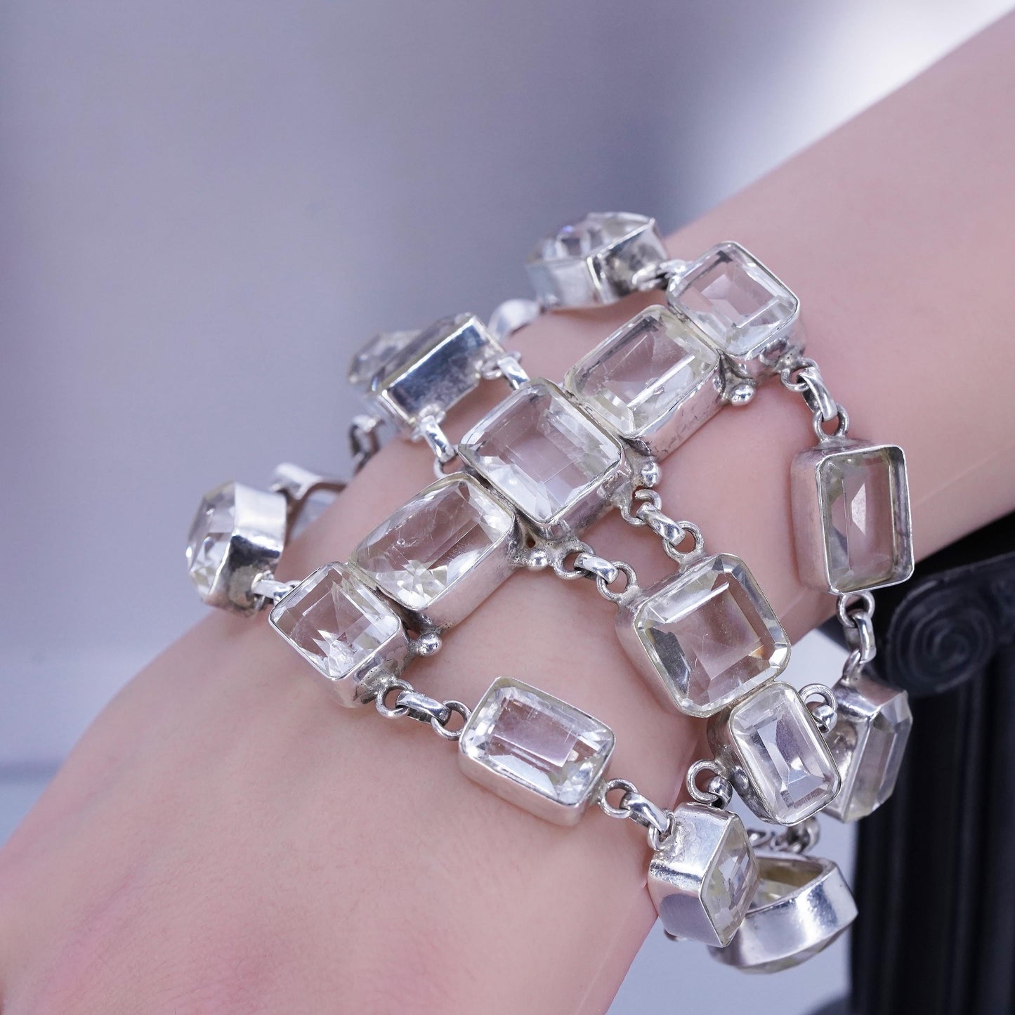 6.75”, vintage Sterling 925 silver handmade bracelet with clear crystal beads