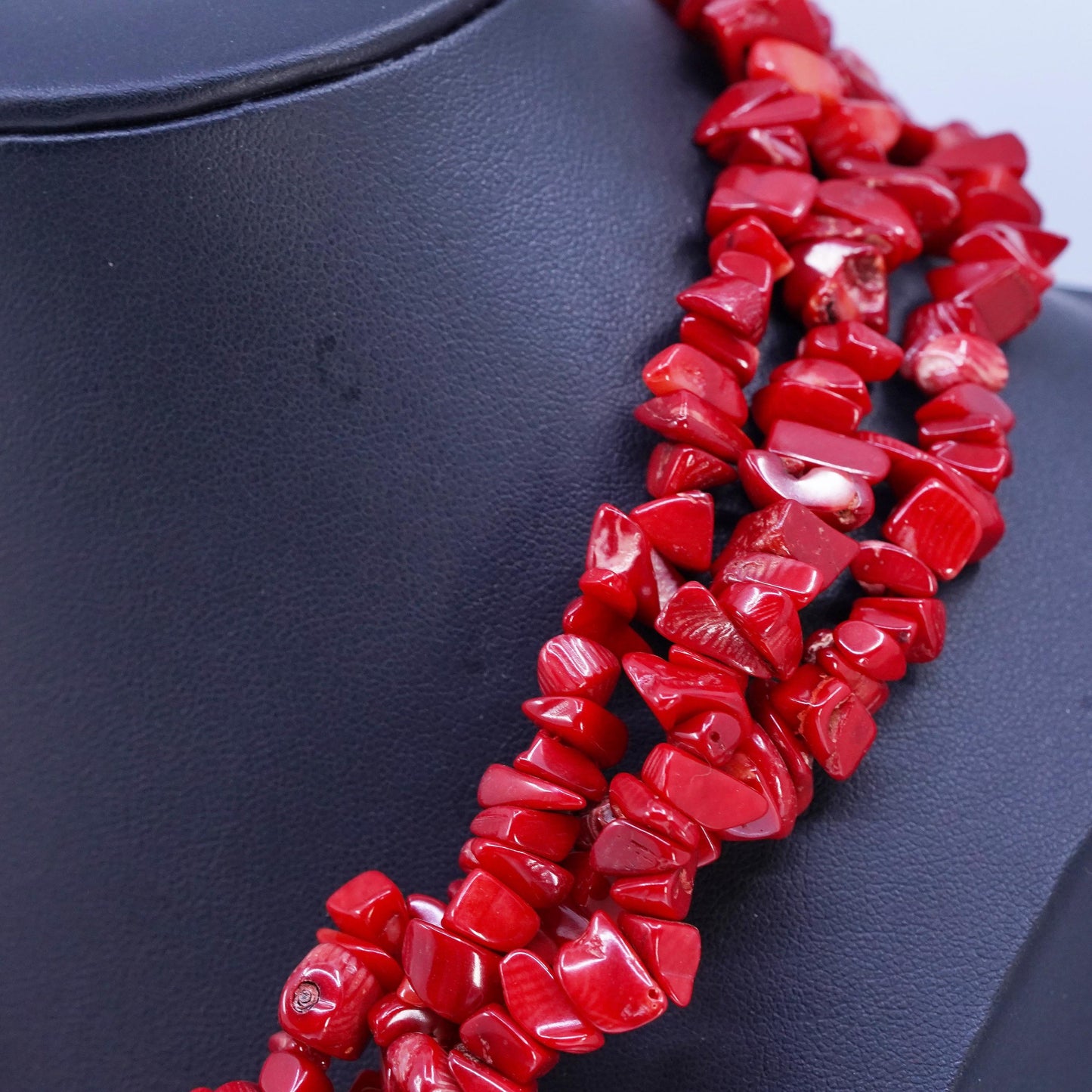 16+1", Native American multi strands necklace, Coral beads sterling 925 silver