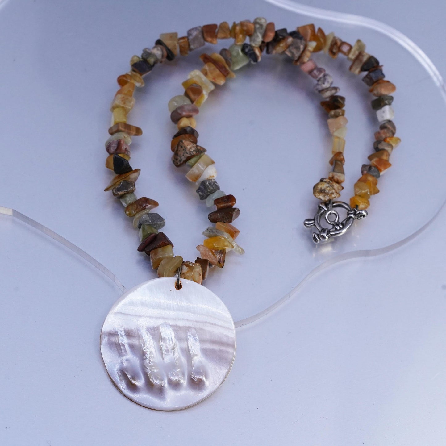 16” Sterling Silver Jasper agate beads necklace round Blister Pearl pendant