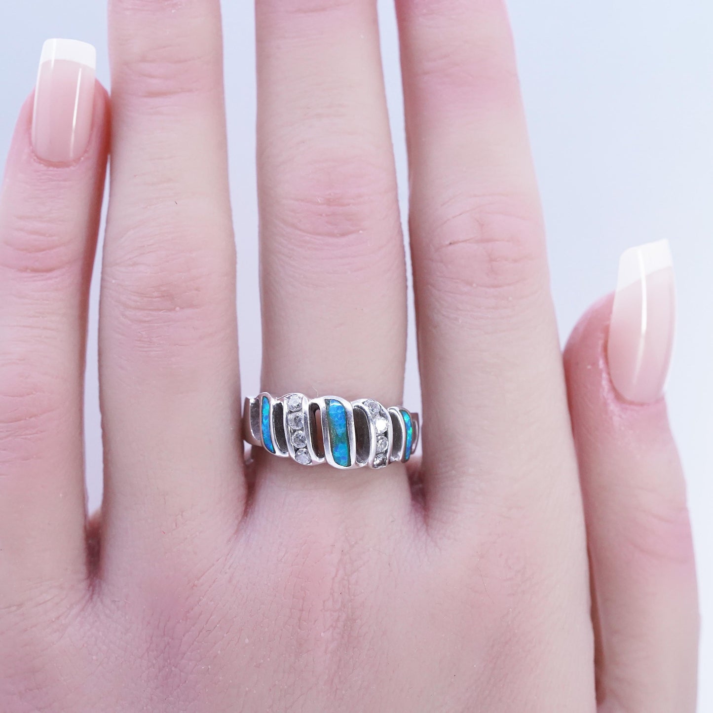 Size 8, vintage Sterling 925 silver handmade ring with opal and cz