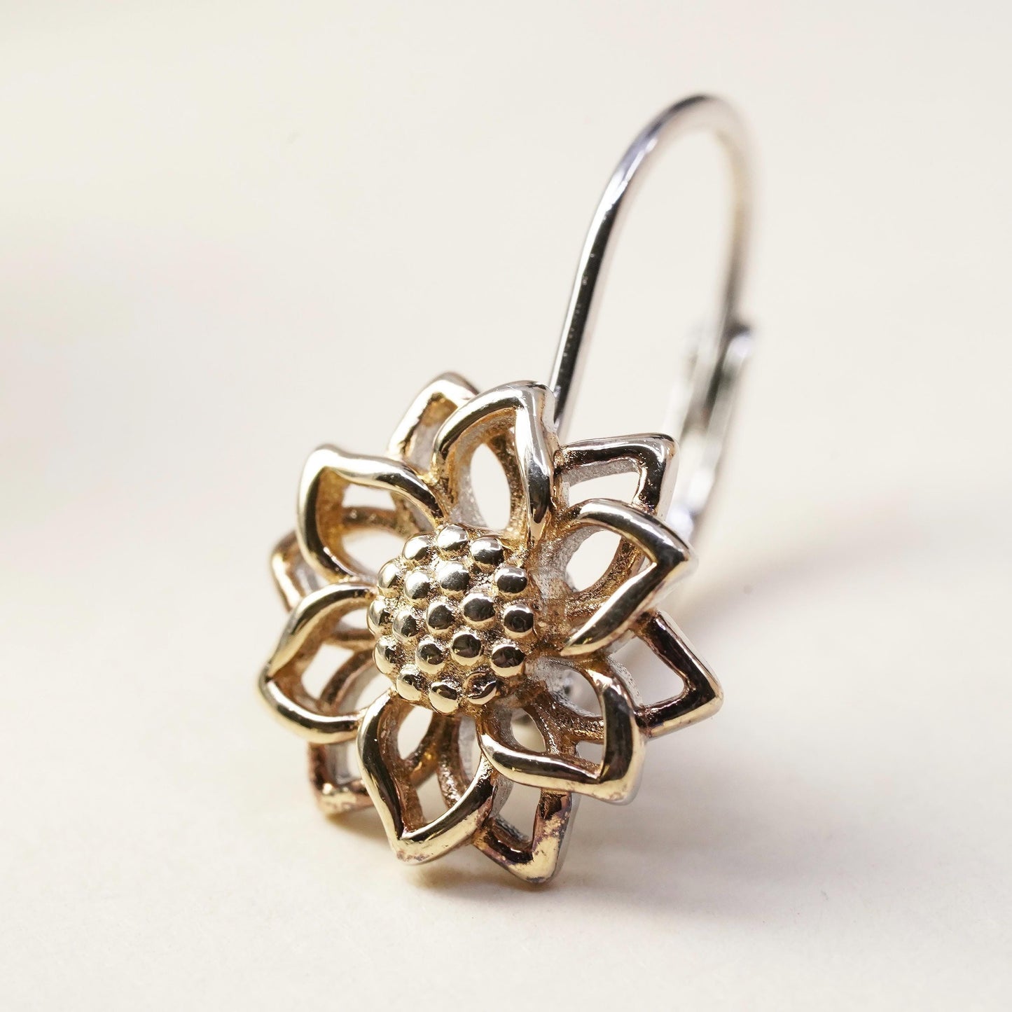 Vintage Two tone sterling silver 925 handmade single flower earring lever back