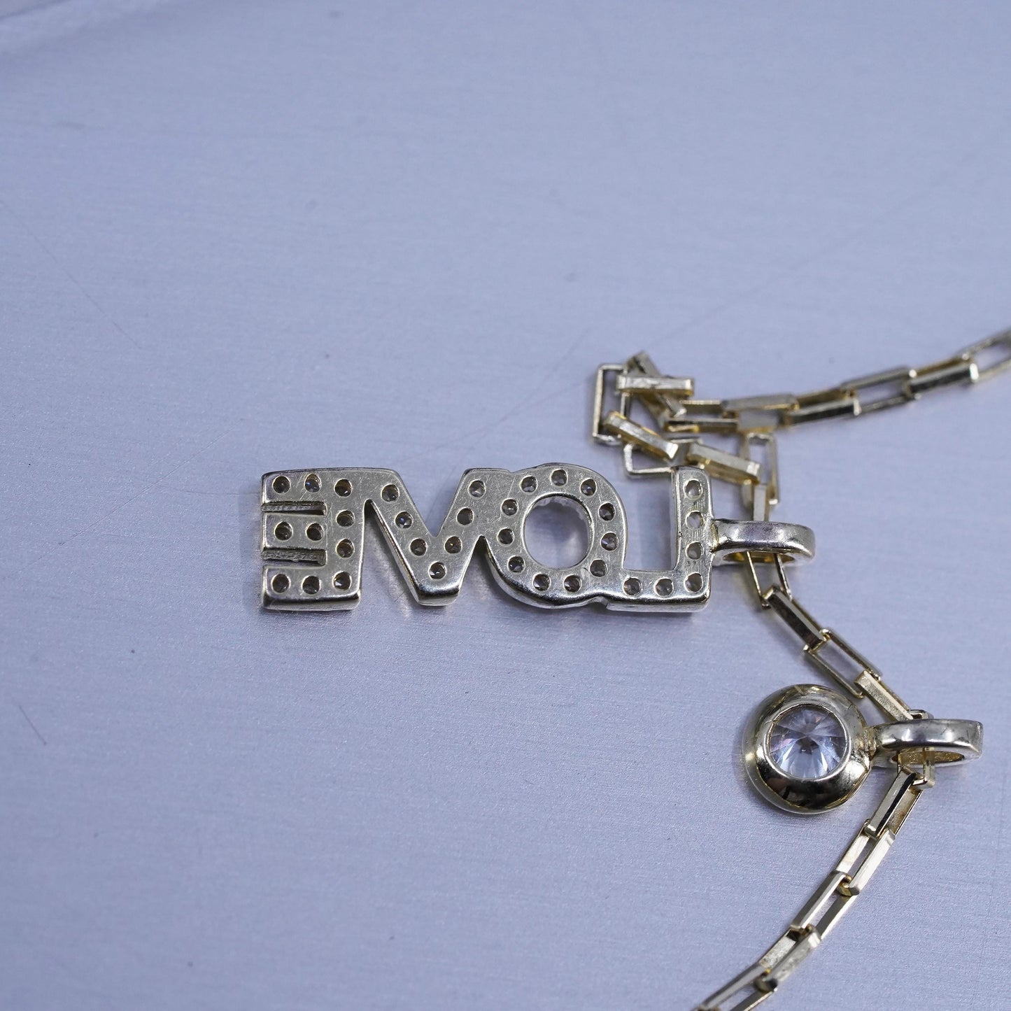 16+2”, Sterling 925 silver elongated chain necklace with gold Love pendant Cz