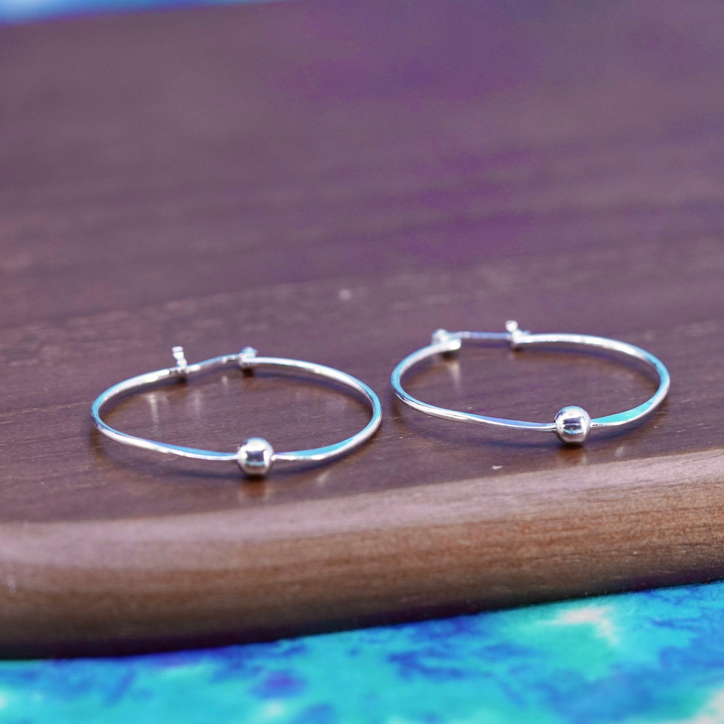 1.5”, vintage Sterling silver handmade hoop earrings, 925 huggie with bead