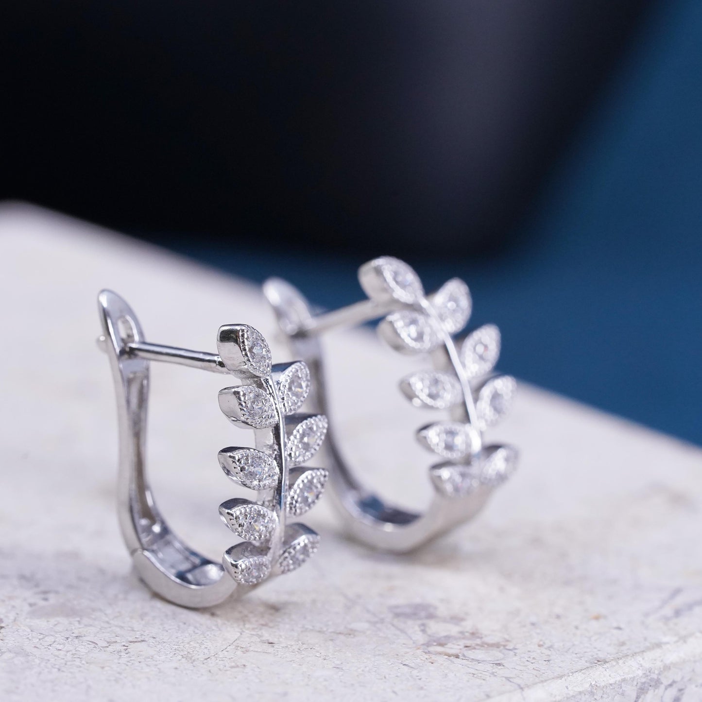 0.75", vintage Sterling silver handmade earrings, 925 leaf huggie hoops with cz