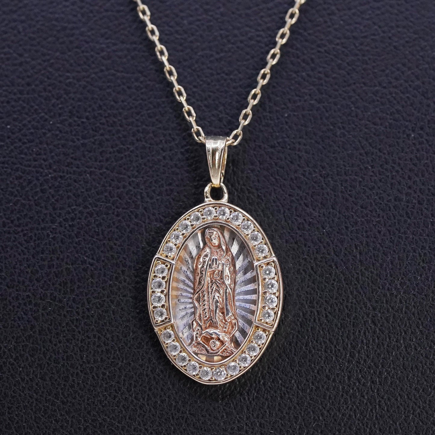 18" vermeil gold sterling 925 silver circle chain necklace Virgin Mary pendant