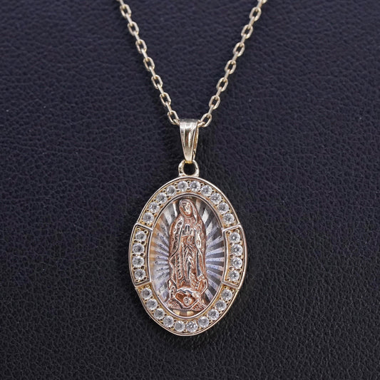 18" vermeil gold sterling 925 silver circle chain necklace Virgin Mary pendant