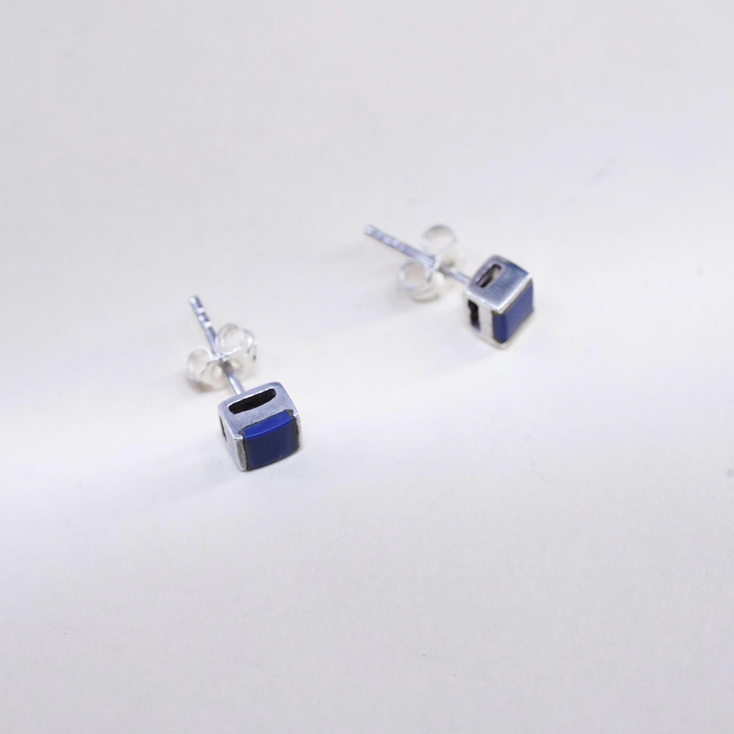 VTG southwestern Sterling 925 silver handmade square studs earrings blue onyx