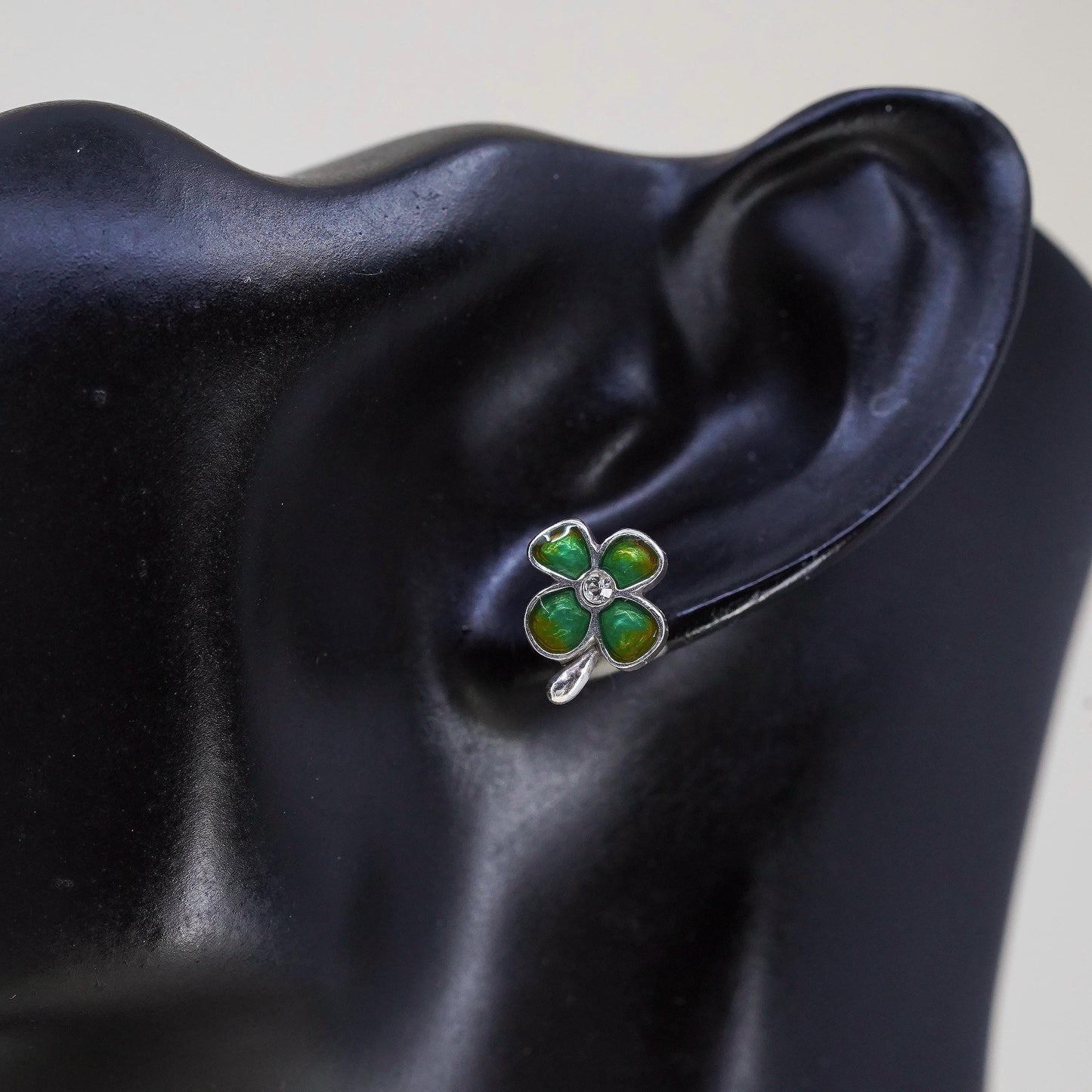 Vintage Sterling silver handmade earrings, 925 enamel lucky clover studs w/ cz