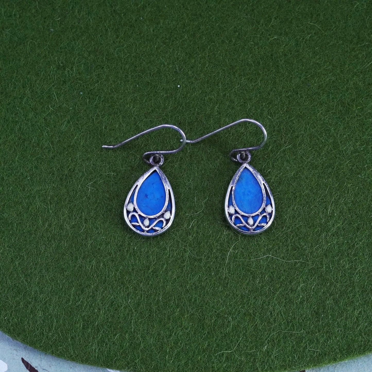 Vintage sterling 925 silver handmade teardrop earrings with blue turquoise