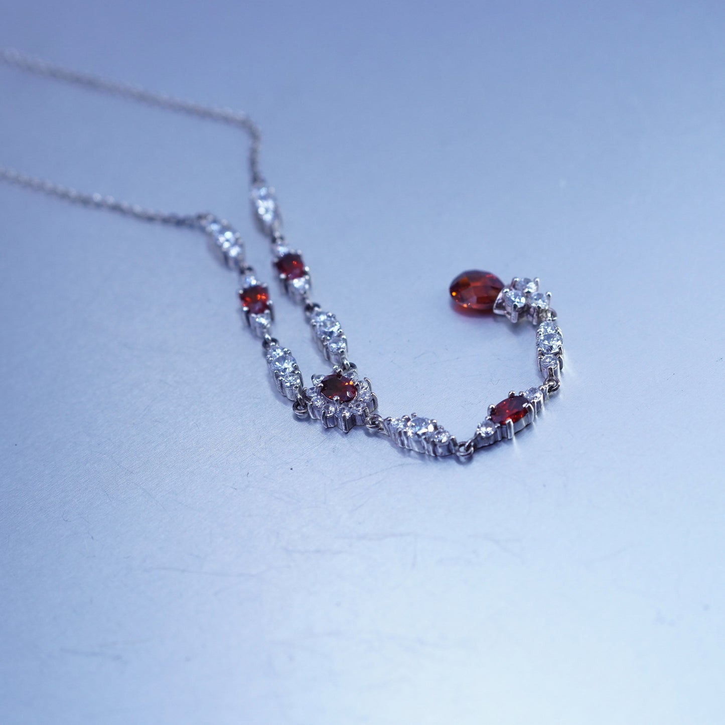 18”, vintage Sterling 925 silver handmade circle necklace with ruby pendant