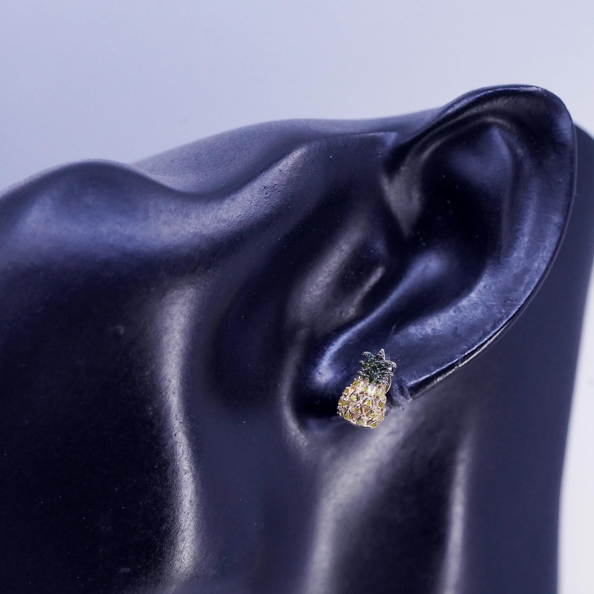 vermeil gold over Sterling 925 silver earrings, pineapple studs diamond emerald