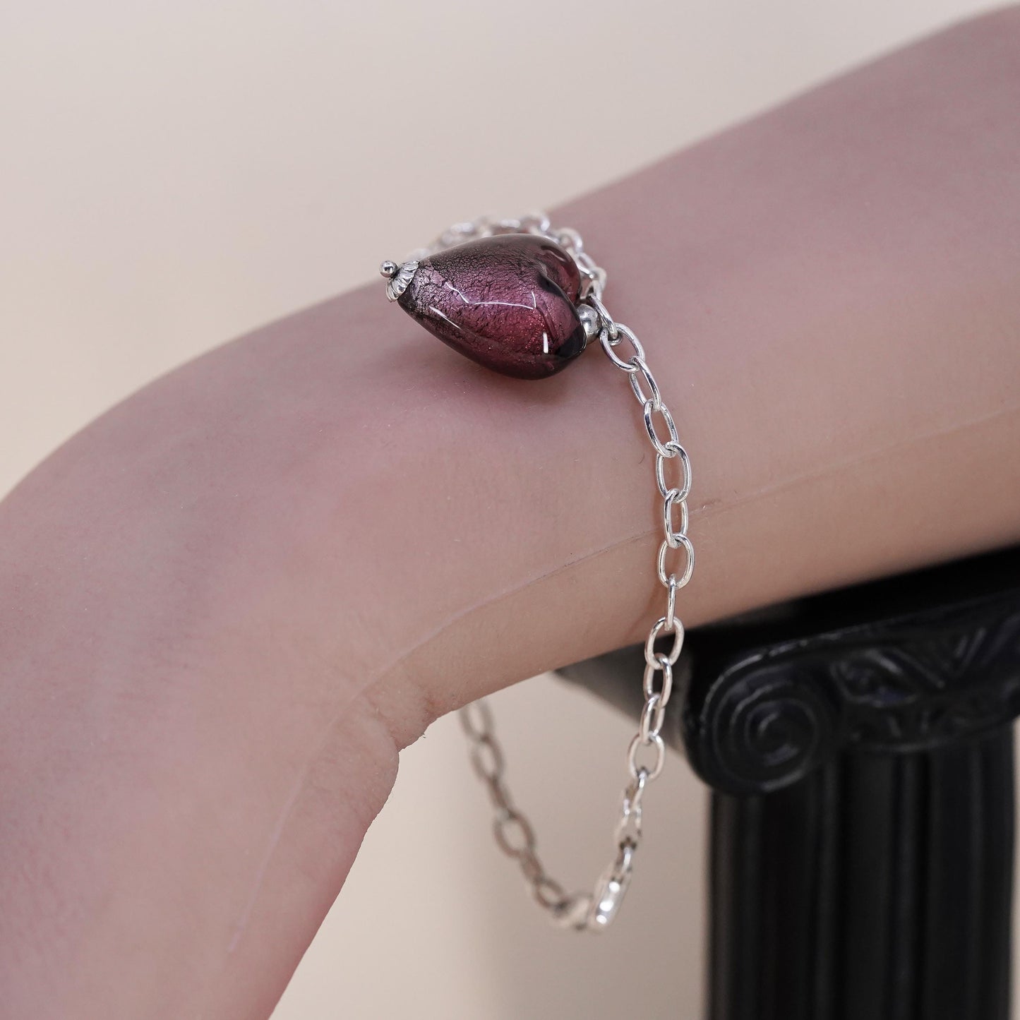 7.25" 3mm, Vintage sterling silver oval link chain with glass heart charm