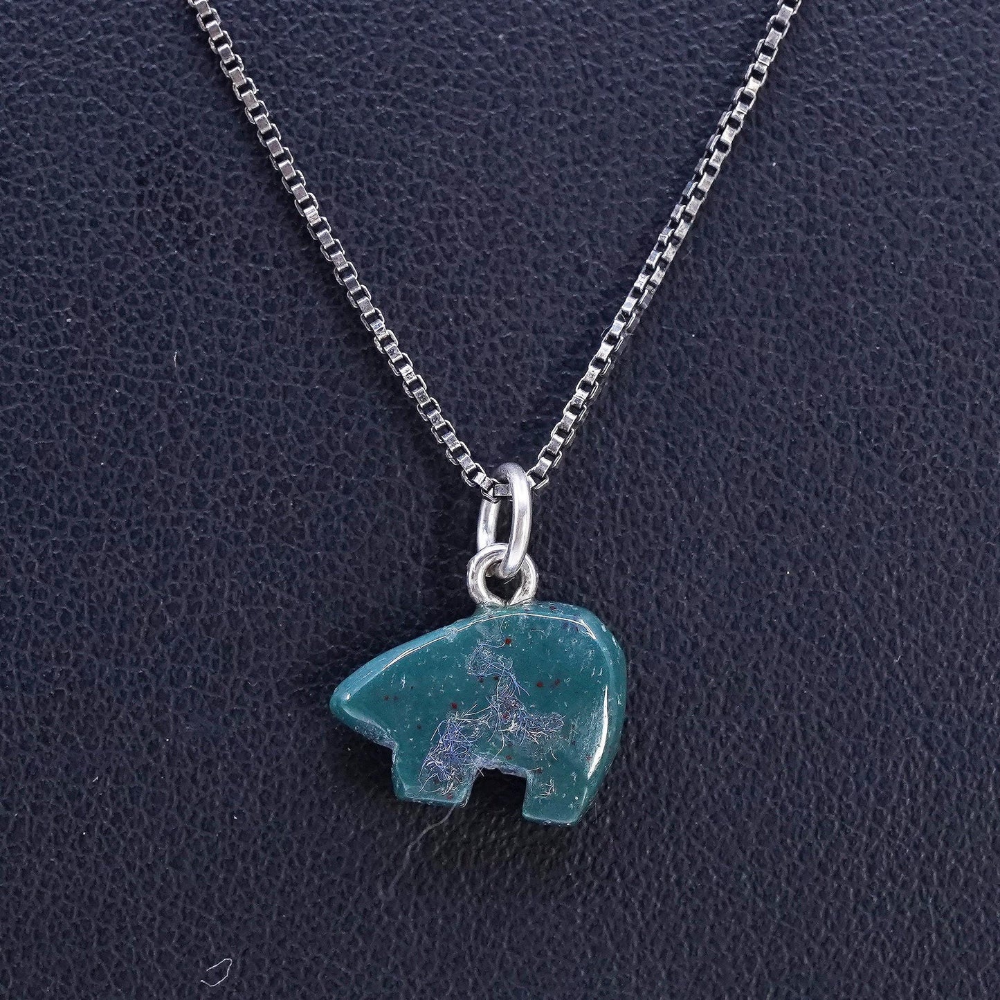 19", VTG Sterling 925 silver box Chain Necklace bloodstone polar bear Pendant