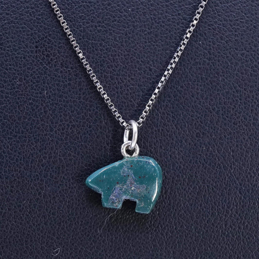 19", VTG Sterling 925 silver box Chain Necklace bloodstone polar bear Pendant