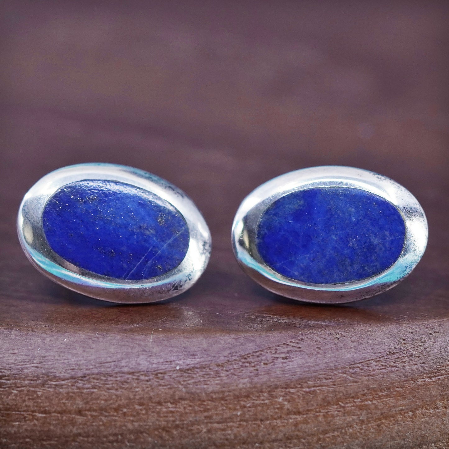 Vintage Sterling silver handmade earrings, oval studs with sodalite inlay