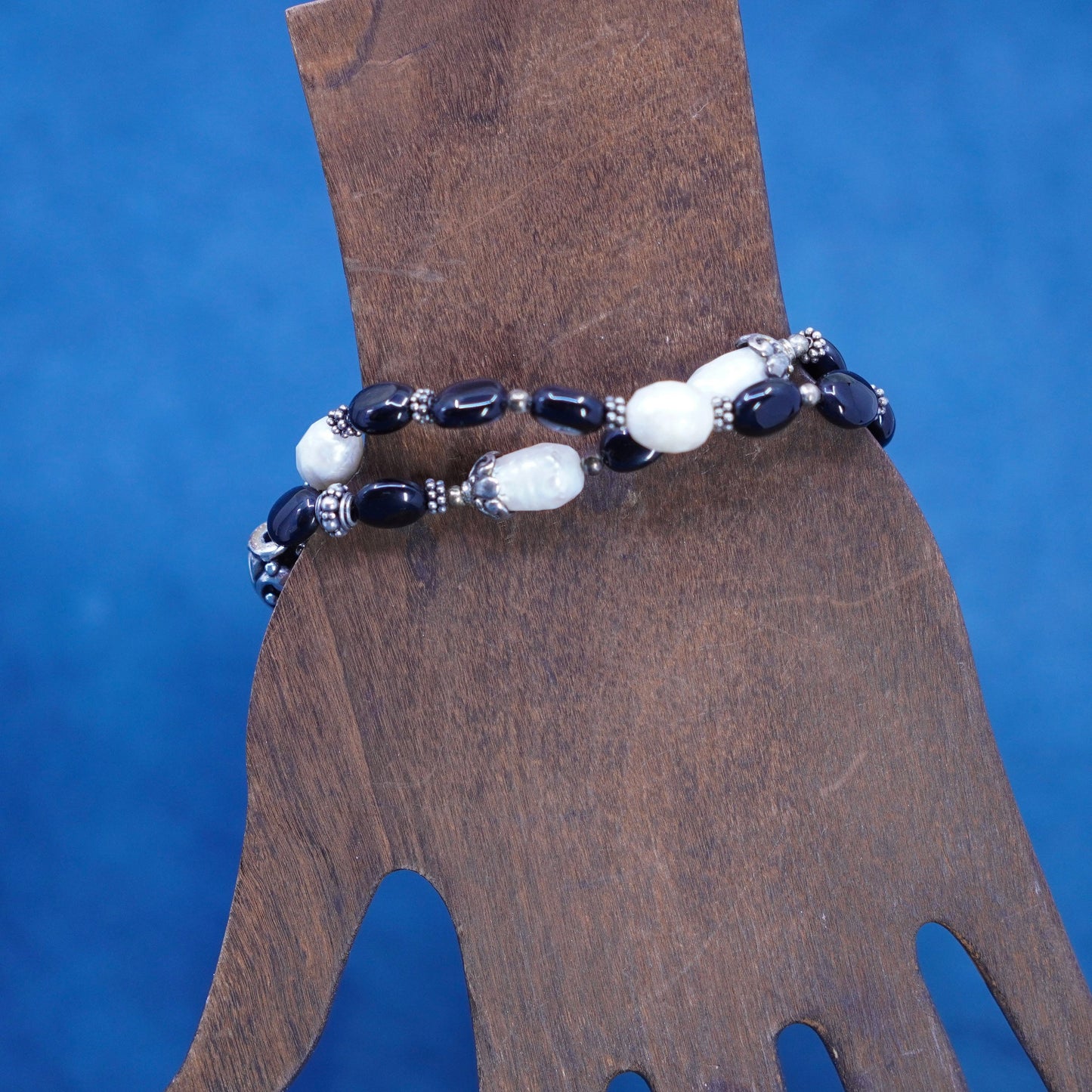 7”, vintage Sterling 925 silver handmade bracelet, obsidian and pearl beads
