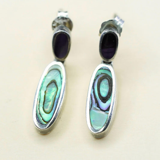 Vintage sterling 925 silver handmade oval earrings with abalone inlay