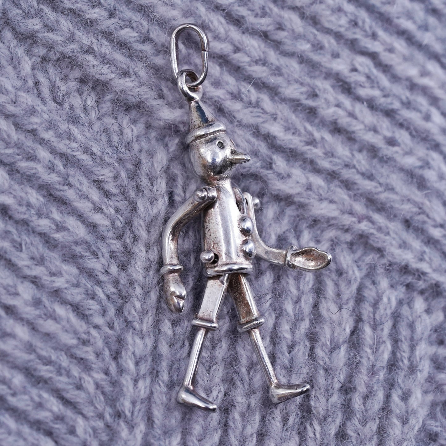 Vintage sterling silver handmade Pinocchio pendant movable joints, 925 charm