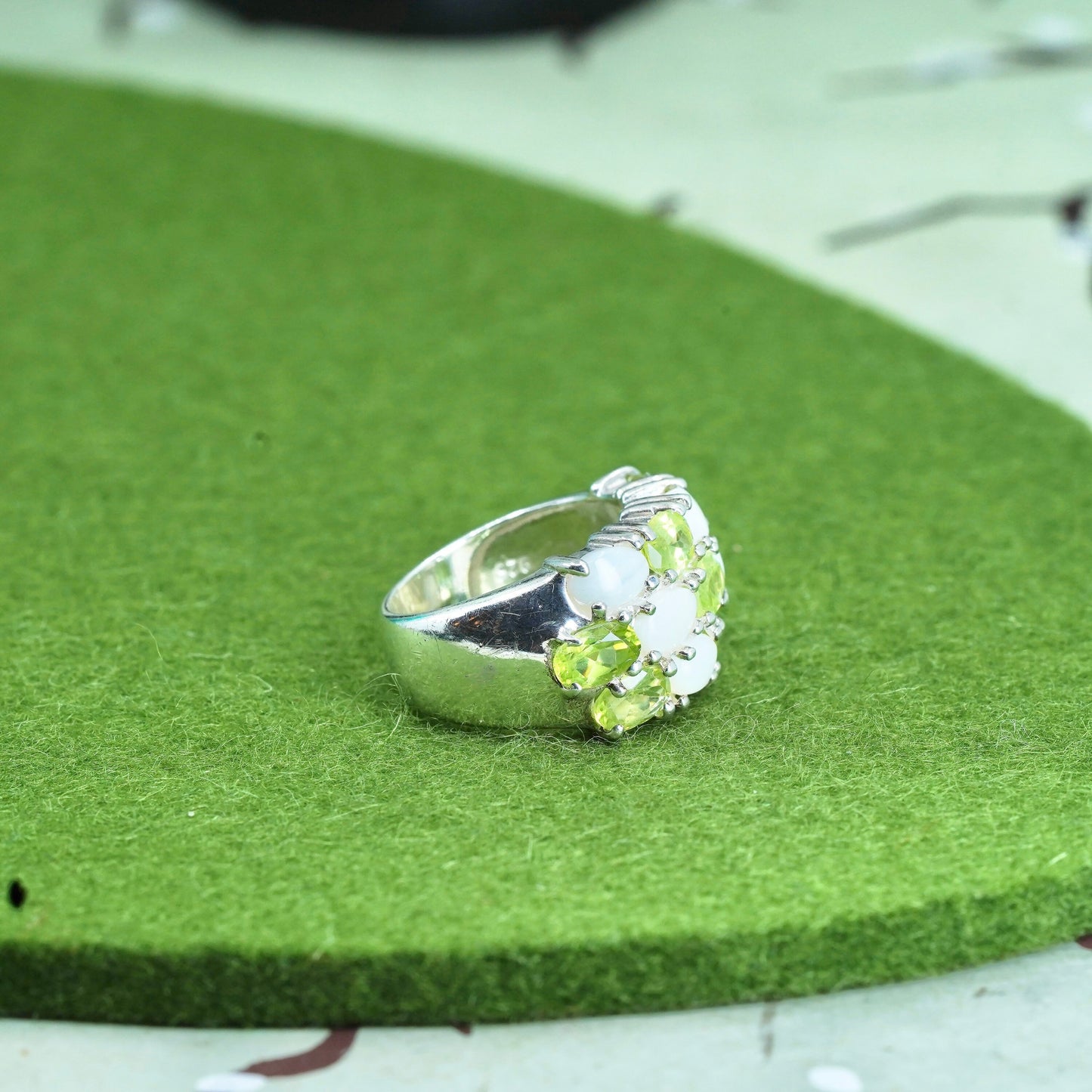 Size 6, vintage Sterling silver handmade ring, 925 band with opal and peridot