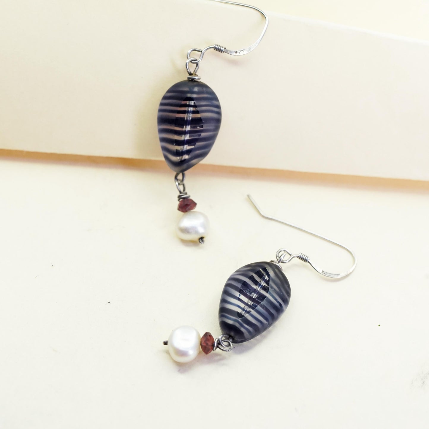 Vintage Sterling 925 silver handmade earrings with glass beads pearl dangles