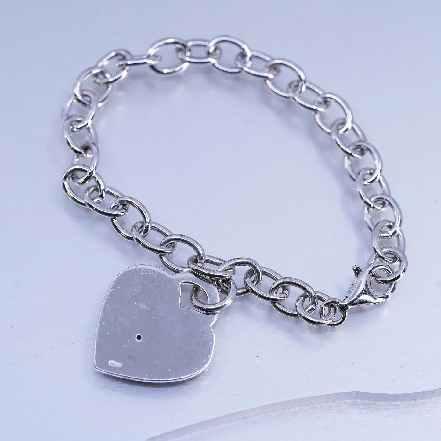 6.75", Vintage Sterling Silver Bracelet, 925 circle chain heart diamond charm