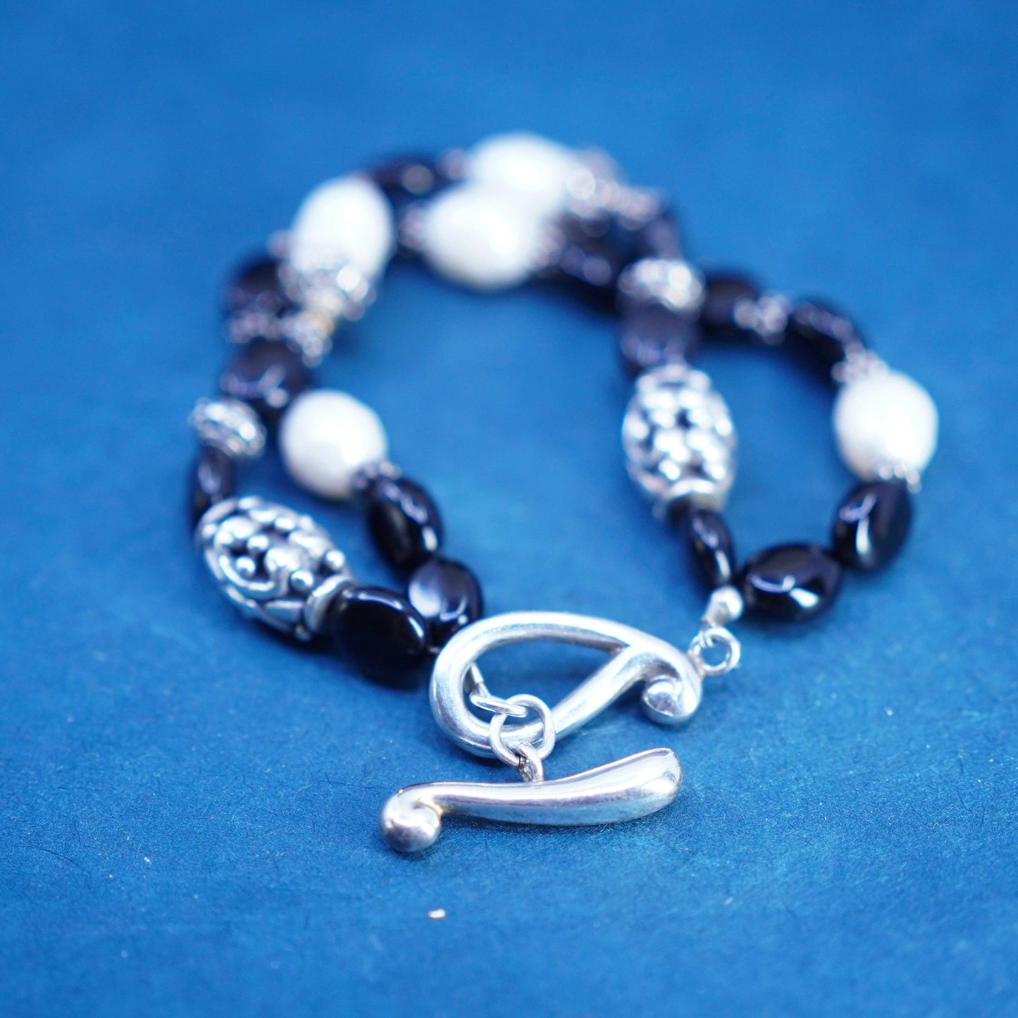 7”, vintage Sterling 925 silver handmade bracelet, obsidian and pearl beads