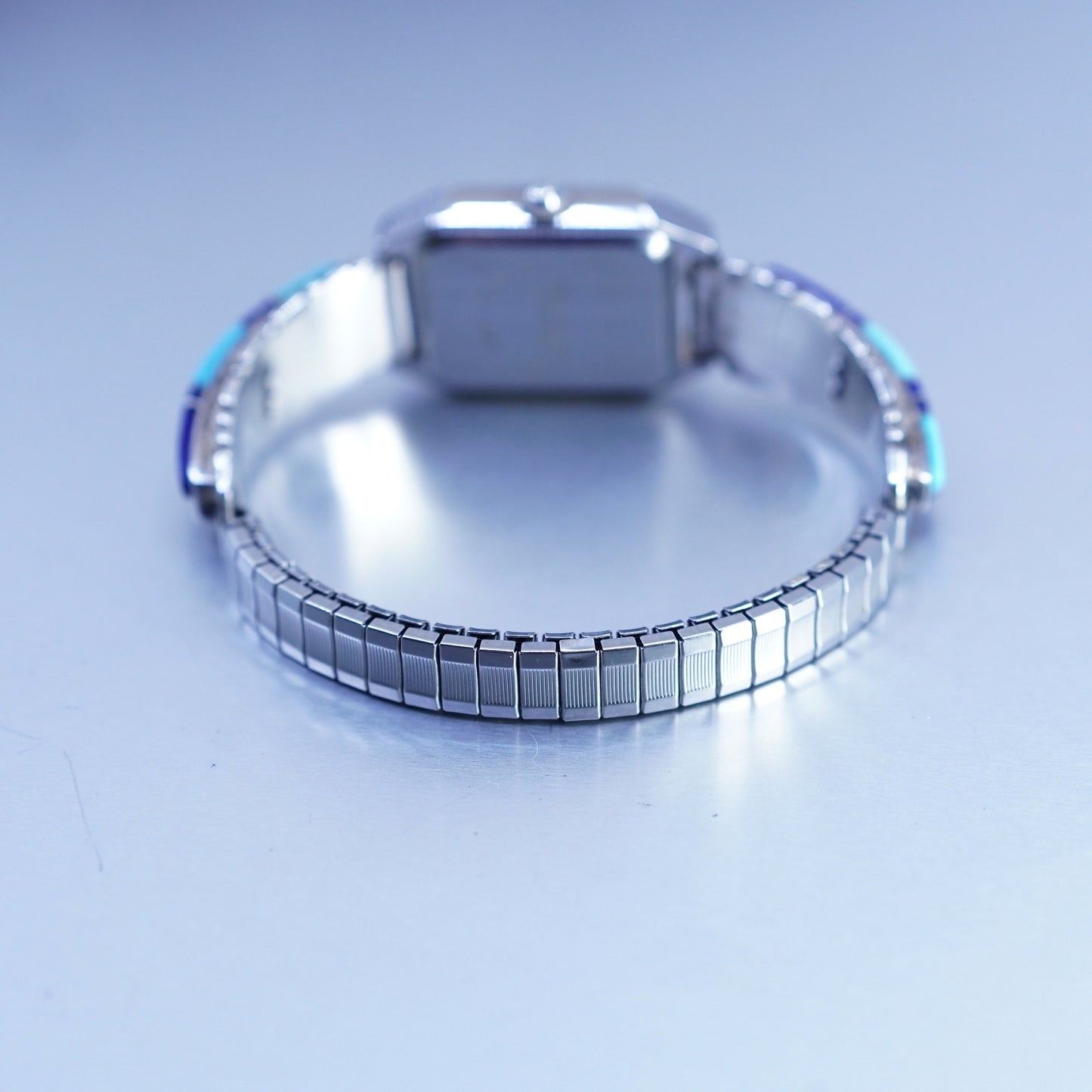 5.75”, Navajo Quartz Watch Sterling 925 silver Lapis Face Silvertone Metal Band