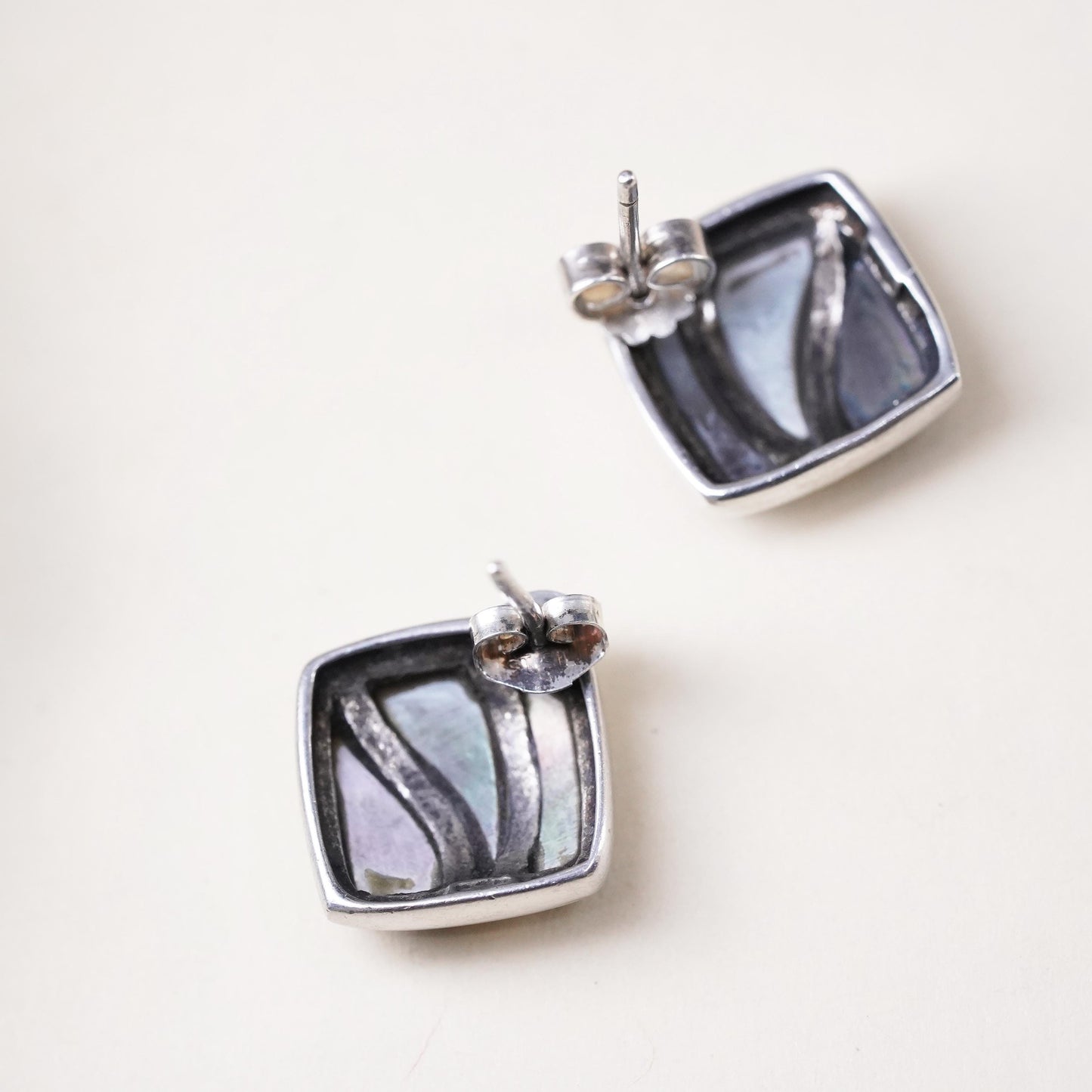 Vintage sterling silver handmade earrings, 925 square studs with abalone inlay