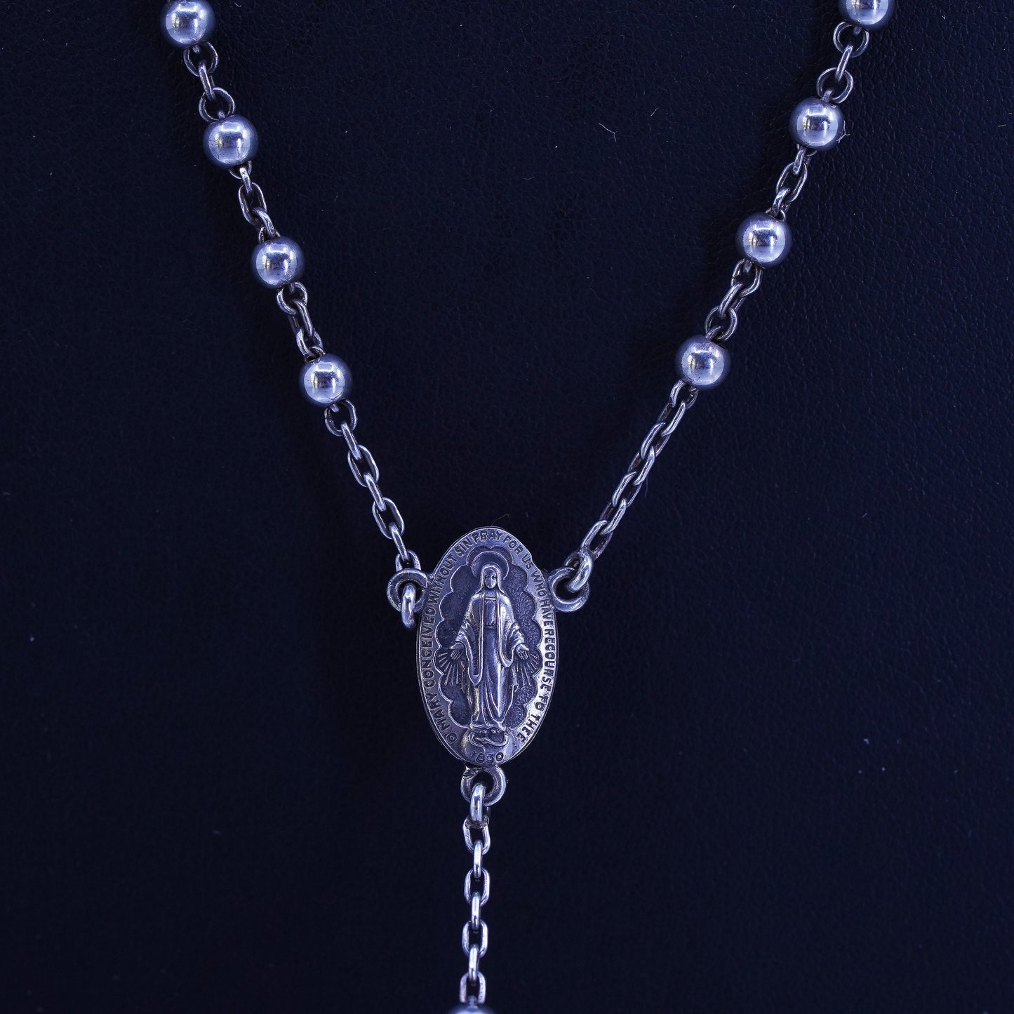 24”, Georgia sterling silver rosary necklace circle chain Jesus cross beads