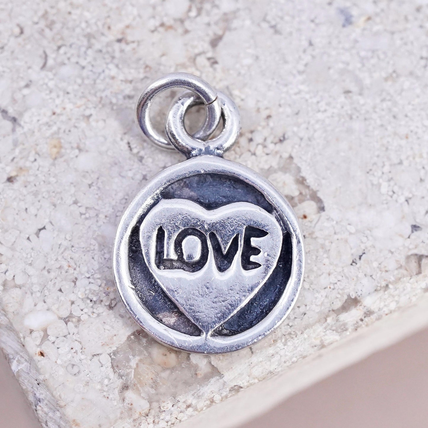 Vintage sterling silver handmade pendant, 925 circle tag charm embossed "love"