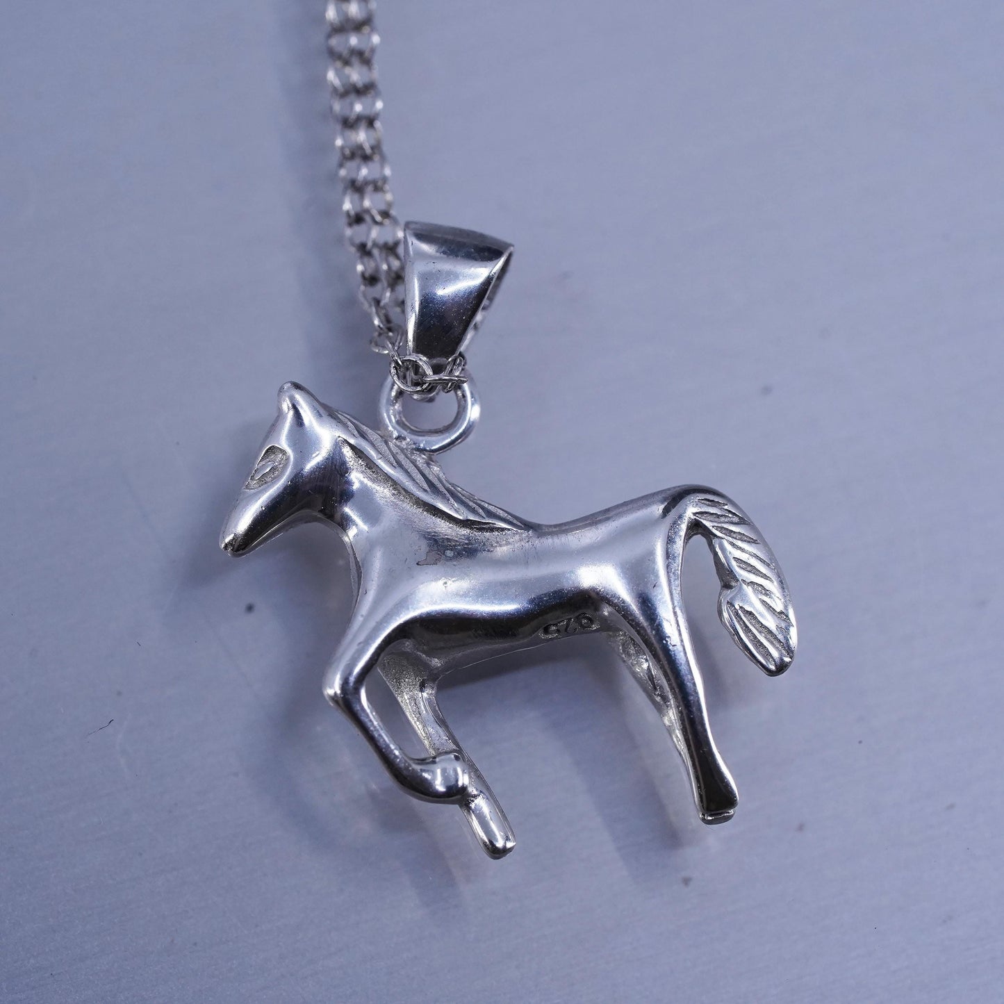 18”, vintage Sterling 925 silver twisted curb necklace with heart horse pendant
