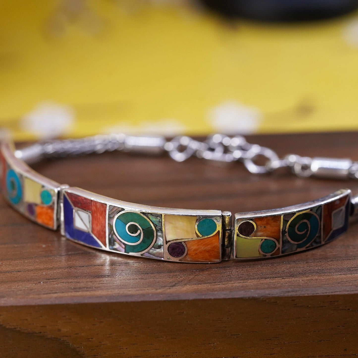 7”, vintage Peruvian Sterling silver handmade bracelet, Inca chakra 950 circle